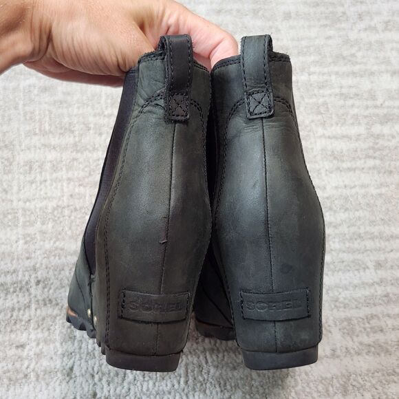 Sorel Lea Joan wedge booties boots black leather size 8.5 - Picture 7 of 9